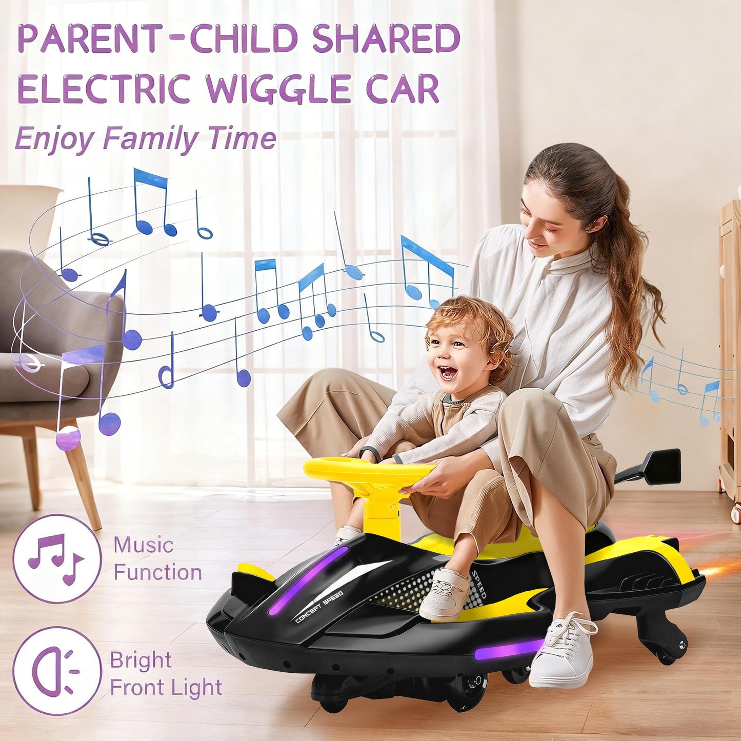 12V Electric Wiggle Car with Pedal for Kids, Rechargeable 2 in 1 Devil Swing Car Toy, Drifting Ride On Car with Backrests, Anti-Rollover, Spray, Flashing Light, Music, Bluetooth, for Ages 3 and Up