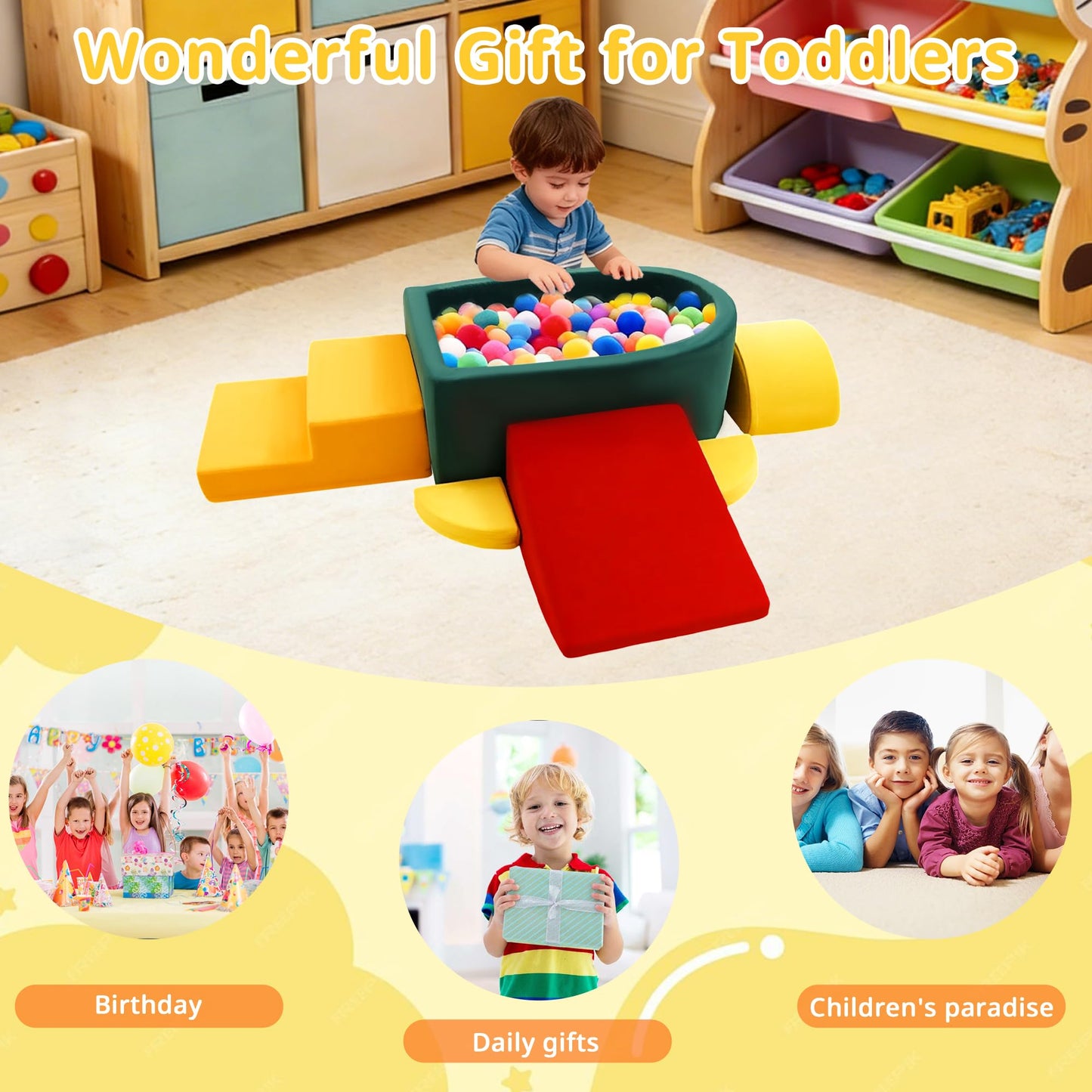Foam Climbing Blocks for Toddler, Indoor Soft Climbing Toys with Ball Pit for Baby, 6pcs Soft Play Set Climbing Crawling Blocks for Playroom LivingRoom, Birthday Gift for 1-3 Years(Balls not Included)