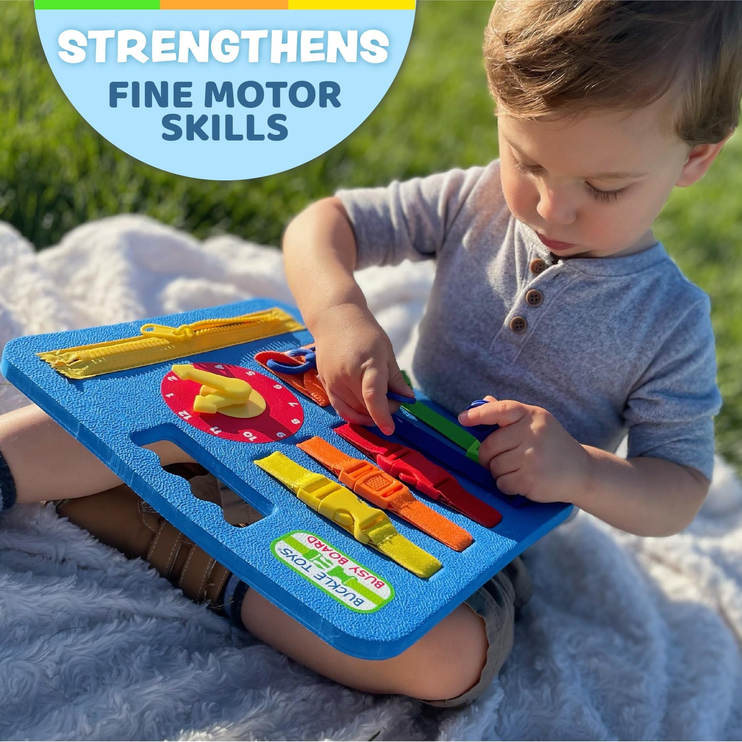 Buckle Toys Busy Board - Montessori Learning Toy for Toddlers Kids Road Trip Activies - Foam Sensory Board - Develop Fine Motor Skills - Blue