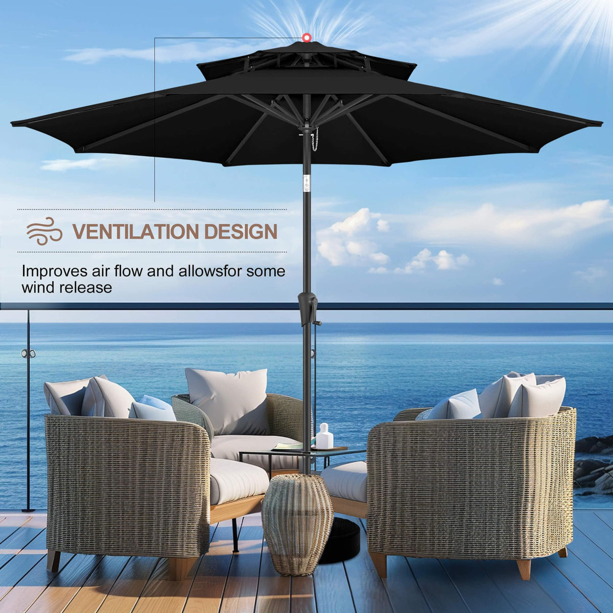 FLAME&SHADE 9ft Patio Umbrella - 2 Tiers Outdoor Umbrella with Push Button Tilt and Crank for UV Protection, Table Market Umbrella for Garden, Deck, Backyard, Pool and Beach(Black)