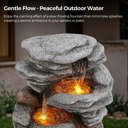 Jocoevol 40" Outdoor Water Fountain with LED Lights - 5-Tier Cascading Rock Waterfall Fountain, Natural Rock Look, Ideal for Garden, Landscaping, Patio, Balconies and Yard Decor