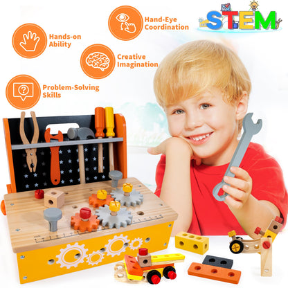 KIDWILL Wooden Tool Bench for Kids, 54-Piece Kids Tool Set with 2-in-1 Workbench & Take-Along Tool Kit, STEM Educational Toy Tools for Kids Ages 3 4 5 6 7 8 Years Old, Boy Toys