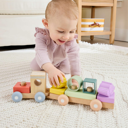 Fisher-Price Wood Baby Toy Stacking Train, 9-Piece Activity with Silicone & Wooden Blocks for Infants & Toddlers Ages 9+ Months