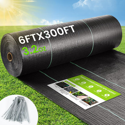 Weed Barrier Fabric, 6x300ft Landscape Fabric, 3.2oz Heavy Duty Durable Woven Geotextile Fabric, High Permeability Ground Cover Mat, Driveway Fabric, Garden Weed Control Cloth with 20 U-Securing Pegs