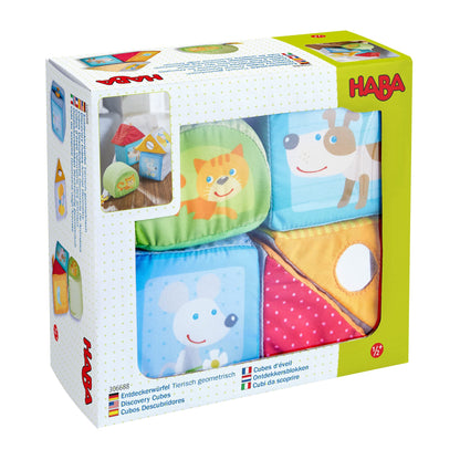 HABA Animal Soft Baby Blocks for 6-12 Months - 5 Geometric Shape Baby Sensory Toys with Rattle, Mirror, Squeaker & Crinkle Foil, Soft Building Blocks for Babies 6-12 Months