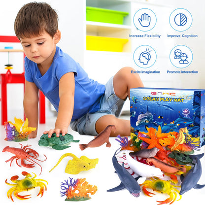 GINMIC Kids Ocean Animals Toys with Large Play Mat , 18 Pack Assorted Realistic Sea Animal Toys with Carrier Bag Including Shark, Whale, Dolphin etc, for Toddler, Boys & Girls Ages 3-8