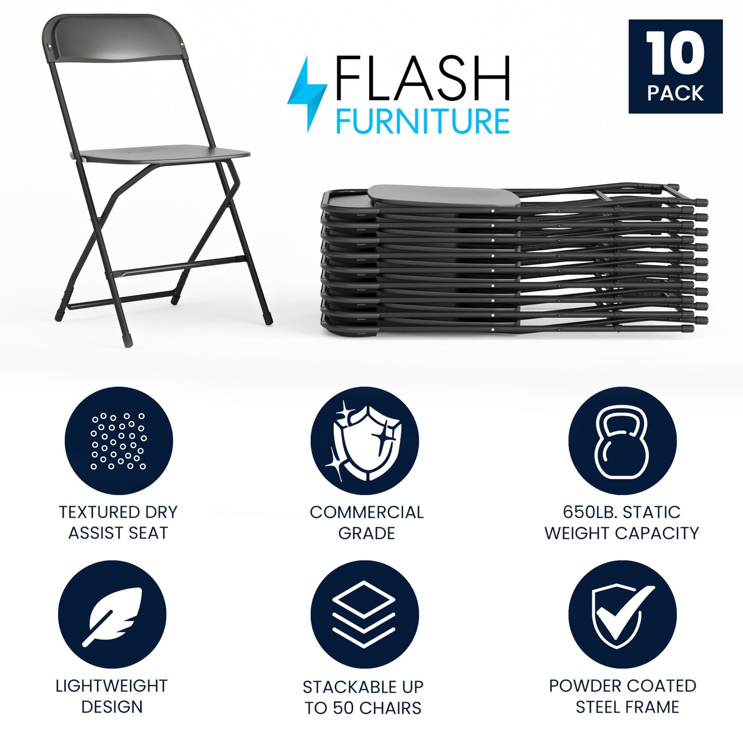 Flash Furniture Hercules Set of 10 Indoor/Outdoor Heavy-Duty Plastic Folding Chairs, Foldable Commercial Stacking Chairs with 650-lb. Static Weight Capacity, Black