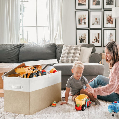 INDRESSME Large Toy Box with Lid, Collapsible Toy Storage Organizer Chest with Divider, Foldable Toy Bin for Kids Boys Girls Playroom Nursery Bedroom Living Room 25"x16"x13" (Beige & White)