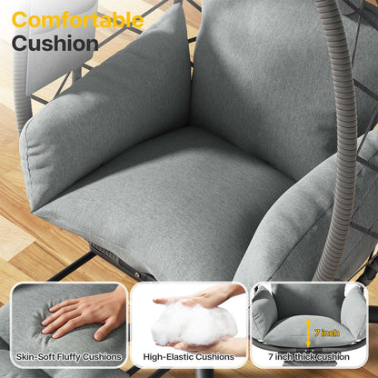 Suteck Hanging Egg Chair with Adjustable Footrest & Stand, Indoor Outdoor Wicker Egg Swing Chair with Cushion, 330lbs Capacity for Patio, Bedroom, Garden - Grey