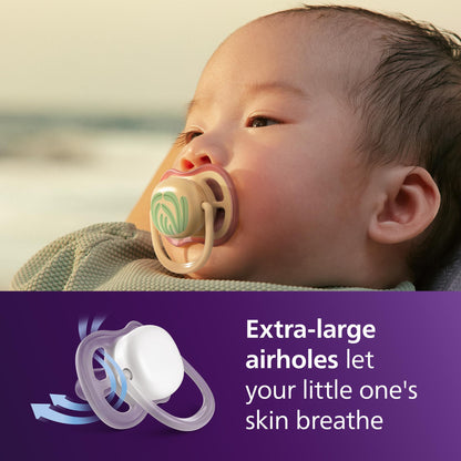 Philips Avent Ultra Air Pacifiers - Orthodontic Design, for Babies 0-6 Months, Soft Silicone Symmetrical Nipple, BPA-Free, 2 Sterilizing Cases, 4 Pack, SCF087/21