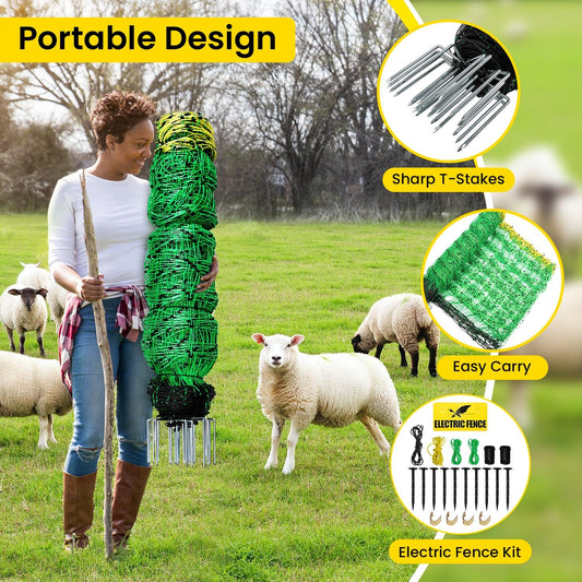 Electric Fence Netting, 42.6" H x 164'L Electric Anti-Predator Poultry Fence, PE Net Fencing Kit with 14 Posts Double Spiked, Movable Livestock Nets for Sheep, Hogs, Cattle