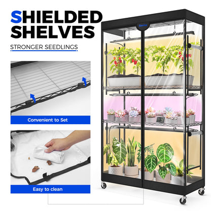 Barrina LP900 Mini Greenhouse with Grow Lights, 4-Tier Plant Stand with135W TX-S45 3FT 3 Dimmable Full Spectrum Lights , Plant Shelf with Tent Timer & Thermometer for Seed Trays 35.4 x 13.8 x 59.1IN