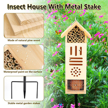 Wooden Insect House, Bee House with Metal Stake for Garden, Natural Ladbugs Habitat & Butterfly Hotel on The Ground or Hanging on Tree Wall (Pine, 3.34'' x 2.56'' x 11.8'', 11.8'' H Stake)