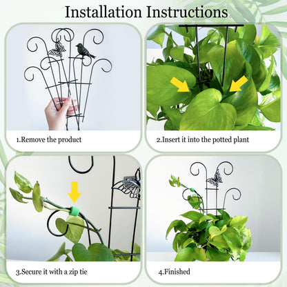4 Pcs Metal Trellis for Potted Plants Indoor, 14.6 inch Small Garden Trellis with Bird for Climbing Plants Outdoor, Stackable Pothos Plant Climber Support for Hoya Vine Ivy Flower Plant Support