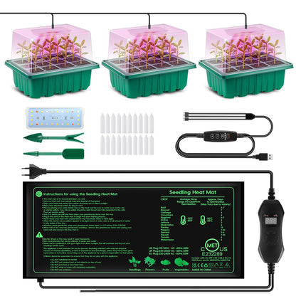 Verdenu 3PK Seed Starter Tray with Grow Lights and Tempe-Control Heat Mat, 36-Cell Large Seedling Starter Kit with Humidity Dome, Adjustable LED Lighting for Seed Germination,Temperature Adjustable