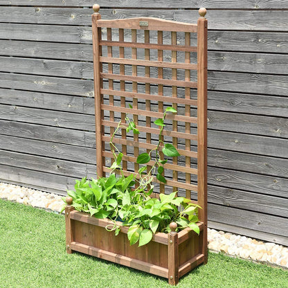 GRAFFY Wood Planter Raised Bed with Trellis, Outdoor Raised Garden Bed, Planter Box for Climbing Plants w/Drainage Holes, Free-Standing Raised Planter for Patio Garden Yard