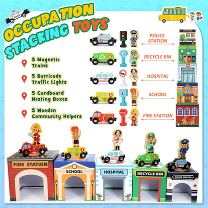 Baby Stacking Toys for Toddlers, Magnetic Wooden Cars & Garage Sorting Community Helpers Preschool Educational Learning Montessori Toys Birthday Gifts for Kids Number Blocks Nesting Boxes
