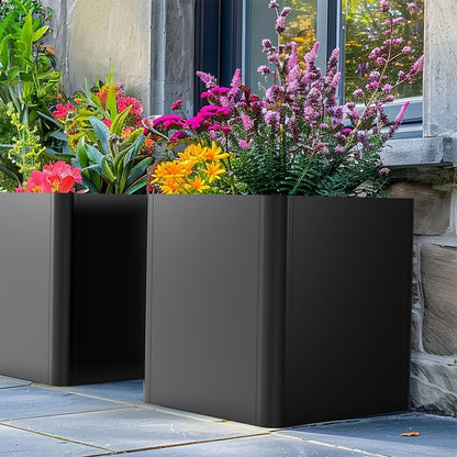 Gardenaire Metal Square Planter Box, Galvanized Steel Planters for Outdoor Plants, 20"x 20"x 21" Black Large Outdoor Planters with Drainage Hole for Porch/Patio/Garden