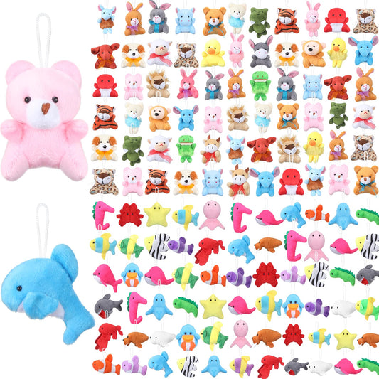 HyDren 120 Pcs Mini Animal Plush Toys Party Favors Small Stuffed Animals Bulk Cute Jungle Sea Animal Toy Keychain Decoration for Valentines Birthday Party Classroom Prize Teacher Student Award Gift