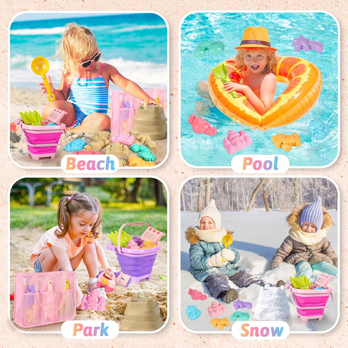 CatchCute Unicorn Collapsible Beach Toys,Sand Toys Set with Animal Foldable Buckets,Shovels,Sifter,Sand Molds,Castle Building Kit & Mesh Storage Bag,Beach Travel Essentials for Kids Toddlers