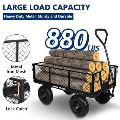 BILT HARD Heavy Duty 880 Lbs Capacity Mesh Steel Garden Cart, 4 Cu.Ft Heavy Duty Garden Cart with 180° Rotating Handle, Removable Sides, All Terrain Wheels, Capacity Utility Steel Wagons for Yard