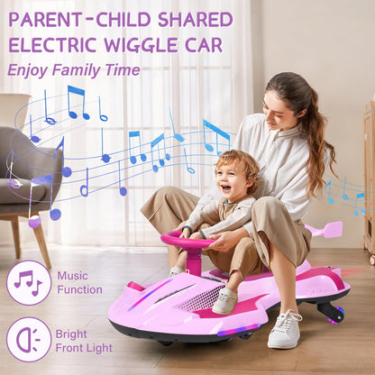 12V Electric Wiggle Car with Pedal for Kids, Rechargeable 2 in 1 Swing Car, Drifting Ride On Toys with Backrest, Anti-Rollover, Spray, Flashing Light, Music, for Ages 3 and Up (Pink)