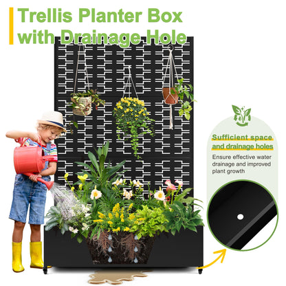 FENCY Metal Raised Garden Bed with Wheels and Trellis,73"x47"x16" Planter Box for Climbing Plants, Vegetables & Vines, Features Privacy Screen and Drainage Holes (Black-Brick)