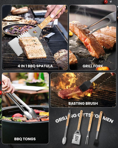 Coralogo 4PCS Grilling Accessories BBQ Tools - Stainless Steel Grill Set with Tongs, Fork, Spatula, Brush, Carrying Bag, Birthday for Men, Father, Husband