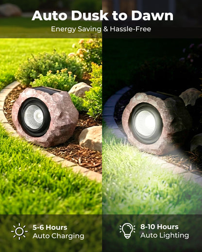 4 Pack Solar Rock Lights Outdoor, Angle Adjustable Solar Lights Outdoor Waterproof, LED Solar Garden Lights, Auto On/Off Landscape Lighting for Yard Pathway Patio Flower Bed - White Glow (Stone Brown)