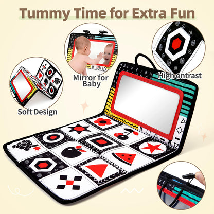 Toyssa Montessori Toys for Babies 0-6 Months, 6 in 1 Wooden Learning Educational Sensory Toys with Spinning Drum & Tummy Time Mirror & Baby Rattle & Flash Card, Birthday Gifts for Babies Boys Girls