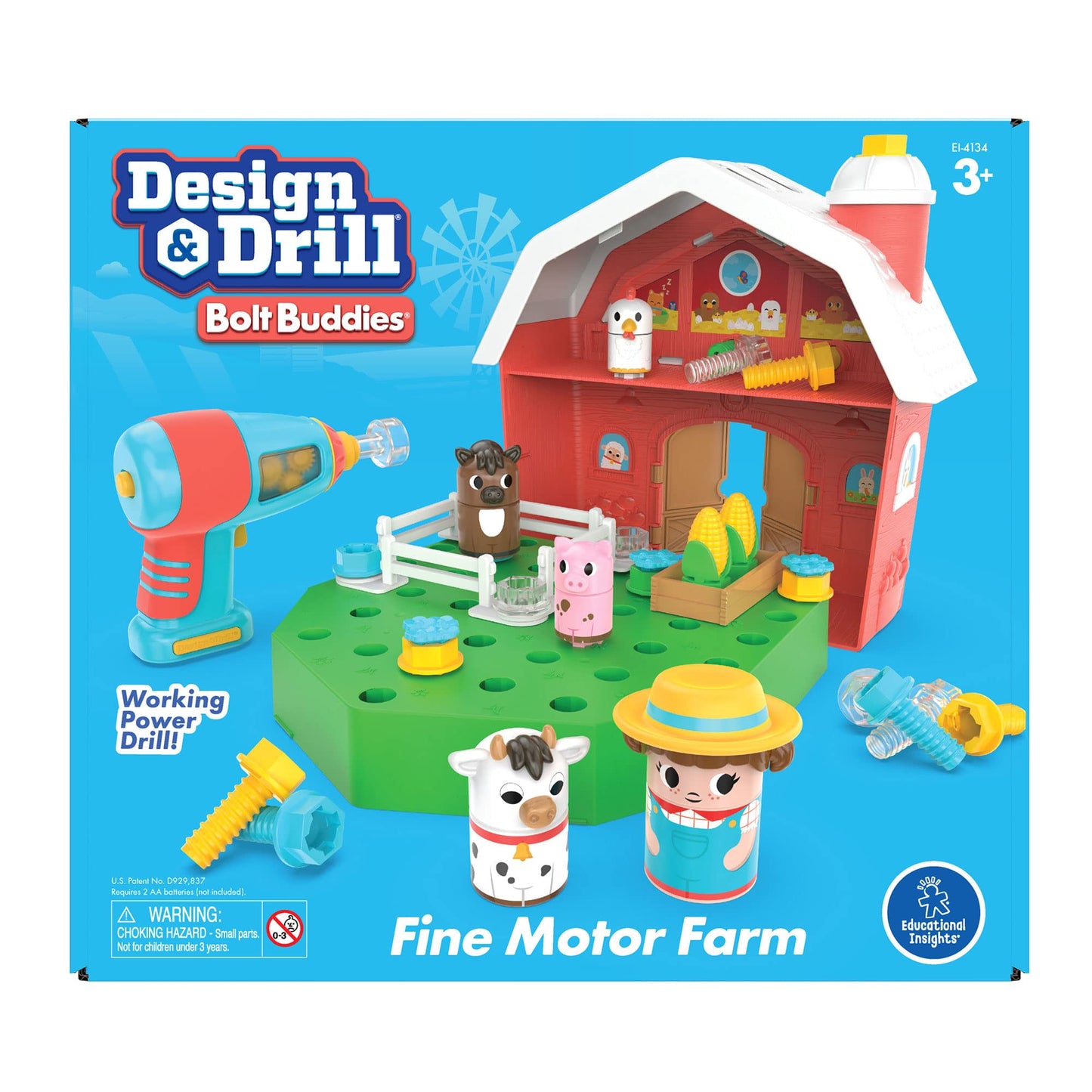 Educational Insights Design & Drill Bolt Buddies Barn - Construction Toys & Tools for Kids, Take Apart STEM Set with Real Electric Toy Drill, Pretend Play Building Kit, Gifts for Toddlers Ages 3+