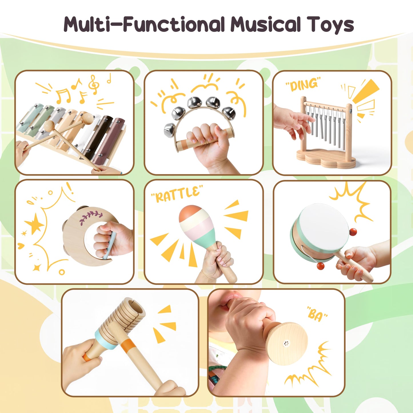 Wooden Musical Instruments for Toddlers 1-3, Montessori Percussion Set with Xylophone, Natural Music Education Toys for Baby 12-18 Months