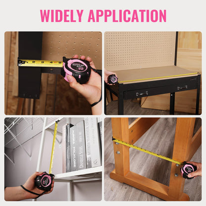WORKPRO 25-FT Tape Measure with Fractions, 3 Brakes Retractable Measuring Tape, Compact Measurement Tape with Magnetic Hook, Nylon Coating Blade Accuracy 1/32”, Pink