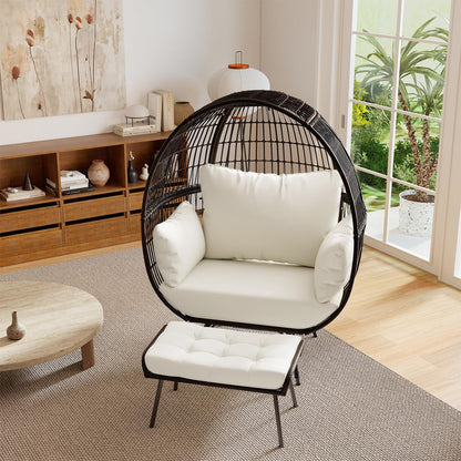 Tangkula Oversized Wicker Egg Chair with Ottoman, Patio Lounge Basket with 5 Soft Cushions, Stable Metal Frame, Gorgeous Indoor Outdoor Lounge Chair, Ideal for Living Room, Backyard, 450 LBS Max Load
