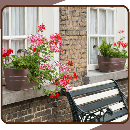 Hicarer 4 Pcs Metal Hanging Flower Pots for Railing Fence, 10.6 Inch Hanging Rail Planters for Outdoor Window Balcony Plants Holder with Hooks for Garden Yard Home Decor (Chocolate)