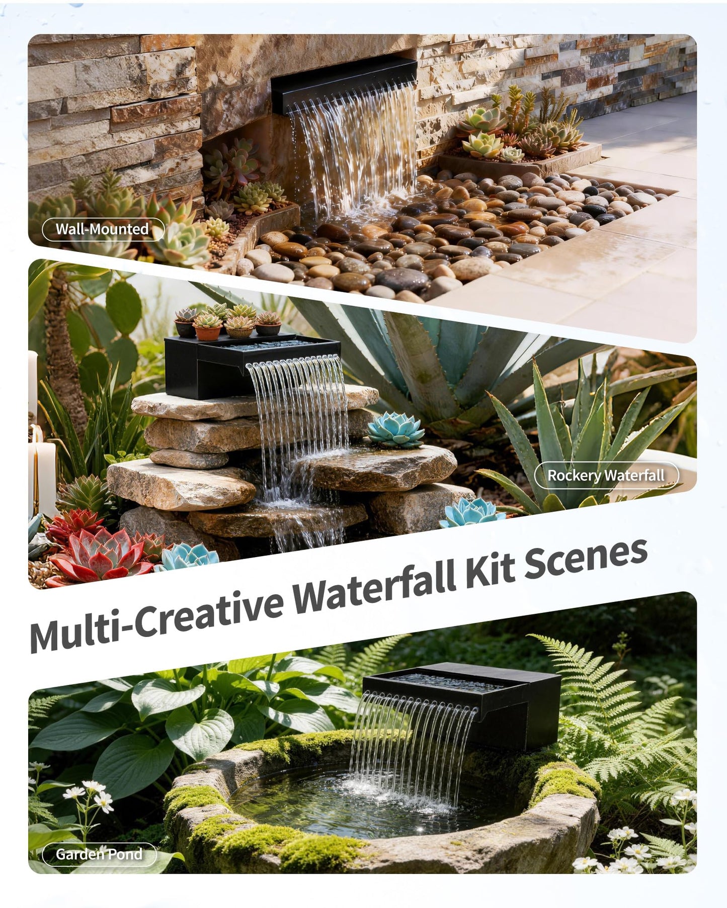 POPOSOAP 55W Solar Pond Waterfall Spillway with Fountain Pump, 304 Stainless Steel & Filtration System Pond Waterfall, 9.8FT Tubing for Koi Ponds, Garden Fountains & Landscape Water Features-P5552S