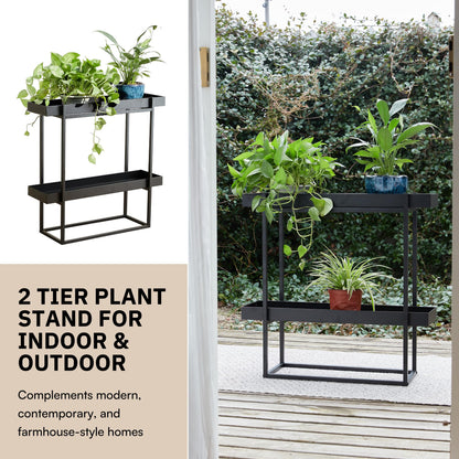 Levende Plante 2 Tier Plant Stand Indoor Outdoor - 29 x 9 x 28 Inches Plant Shelf for Home and Office Decor - Narrow Plant Stand for Lawn, Patio, Balcony and Living Room - Heavy Duty Iron - Black