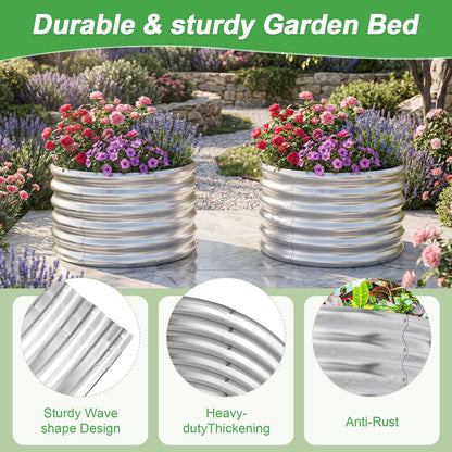 AHEONLAR 2 Pack 2x2x1.5ft Round Galvanized Raised Garden Bed Outdoor Metal Planter Box for Vegetables Steel Raised Beds for Gardening Silver