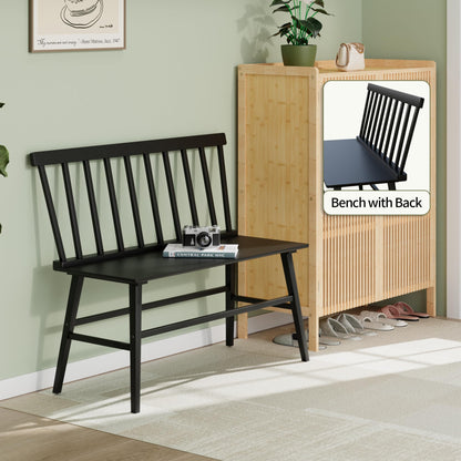 APRTAT Bamboo Entryway Bench, Farmhouse Dining Bench with Spindle Back 3 Person Indoor Bench Chair Wood Windsor Bench Durable Easy Assembly for Foyer Balcony Hallway Living Room (Black)