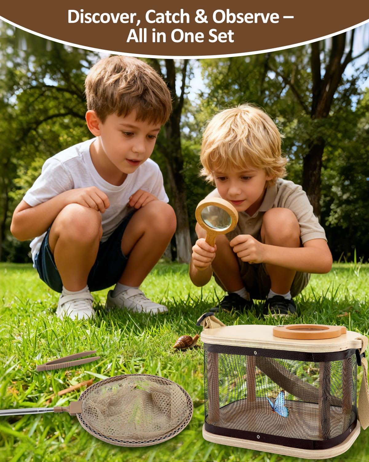 Wooden Bug Catcher Kit for Kids, Outdoor Explorer Nature Discovery Set with Butterfly Net, Bug Habitat & Magnifying Glass, Backyard Camping Outdoor Toys, Ages 3–12, Also Suitable for Toddlers