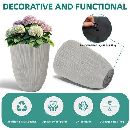 Ultym 19" Tall Planter for Indoor Outdoor Plants, Set of 2 Large Flower Pot with Drainage Hole, Weather/UV-Resistant Resin Planters for Garden Patio Porch Home office Decor, Mediterranean Beige Fluted