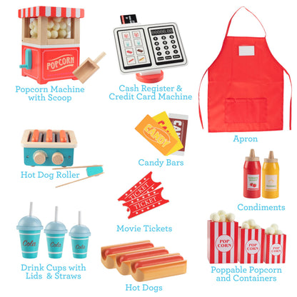 Movie Theatre Snack Bar Wooden Playset- Pretend Concession Stand Fun- Full Set w Popcorn Machine, Hot Dogs, Candy Bars, Sodas Cash Register, Credit Card- Kids Food Activity Center- Home or Daycare Toy