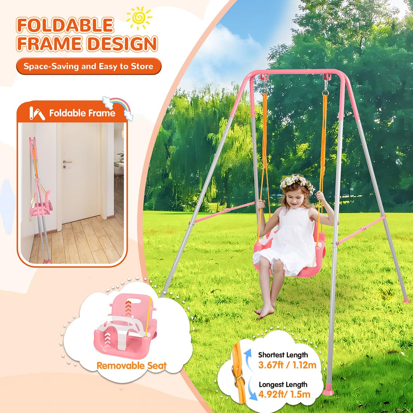 3-in-1 Toddler Swing Set, Indoor & Outdoor Baby Swing Heavy Duty Swing Set with Foldable Metal Stand for Aged 6 Months to 10 Years Old, Easy to Assemble and Store (Pink)