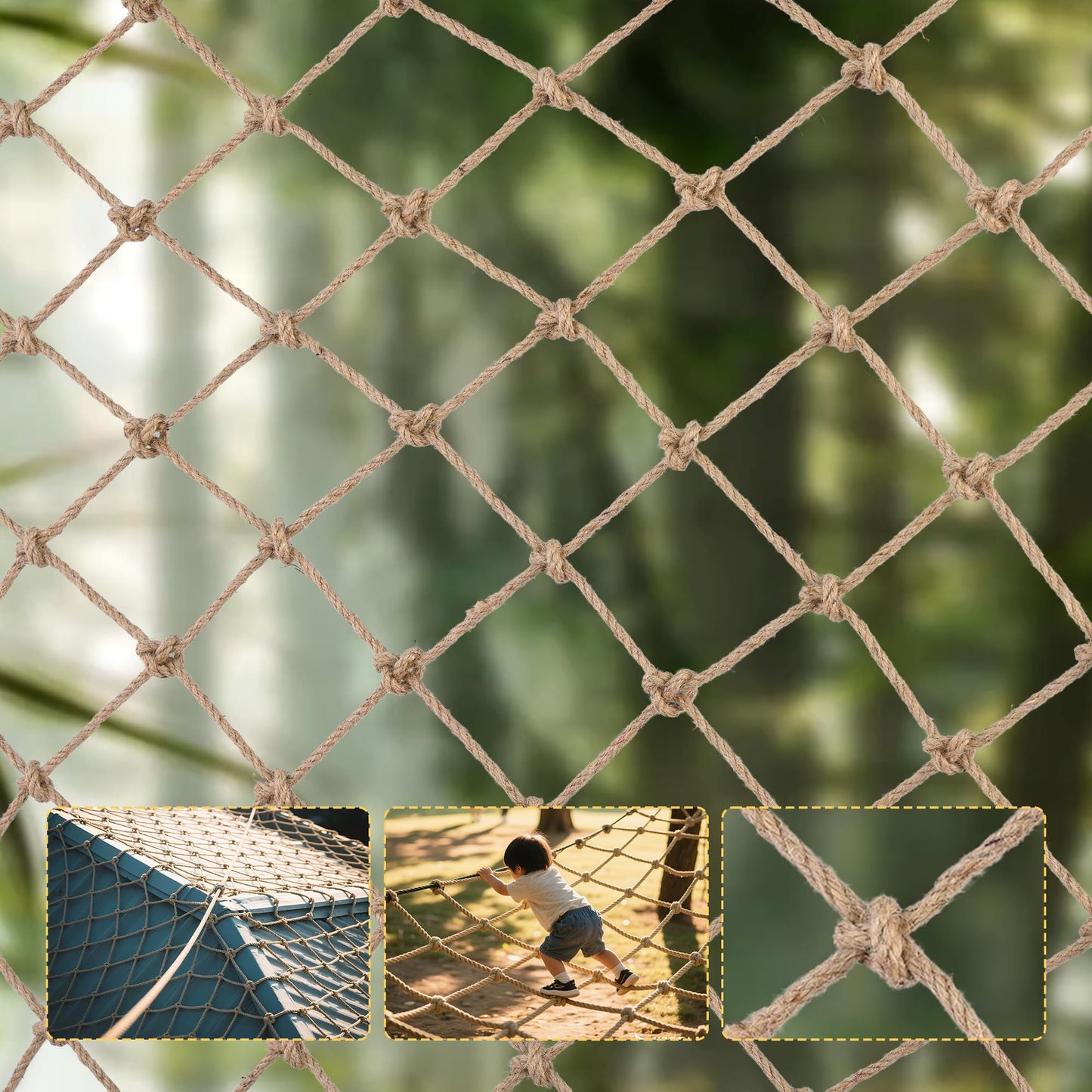 Jute Hemp Rope Net,Heavy Duty Natural Safety Rope Netting Balcony Stairs Fence Garden Playground Protection Net Indoor & Outdoor Decoration Rope Netting (6.5FT*16FT)