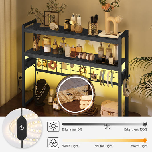 HOOBRO Desktop Bookcase, 2-Tier Desktop Organizer, 37.4" Wooden Office Storage Rack with Outlets, Display Shelf Rack with Light Strip, Desk Hutch for Office, Black BB13UDSJ01