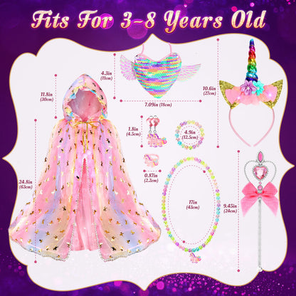 Fedio Princess Dress up for Girls,Unicorn Light up Princess Cape Set,Light up Princess Dress with Unicorn Toys for Girls 3-8 Halloween Pink