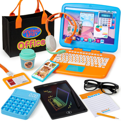 Cleboen Pretend Play Home Office Set for Kids — Toy Laptop Computer, LCD Writing Tablet, Pop Fidget Calculator, Phone, Headset, Glasses, Coffee Cup & Handbag, Birthday Gifts for Boys Girls Age 3-5-7