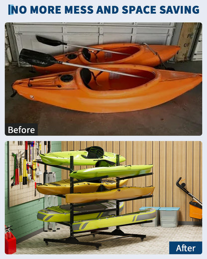 GarveeLife Kayak Storage Rack for 6 Kayaks Freestanding Kayak Rack for Outdoor Storage with Movable Wheels, Heavy-Duty Steel Kayak Hanger Holder with Hanging Straps