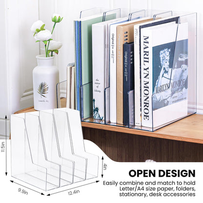 Vertical Magazine File Holder, Clear File Organizer Desk Organizer and Storage Bins Holding for Magazines, Binders, Notebooks, Envelopes, Plastic Office Organization and Storage for Desk, 4 pack