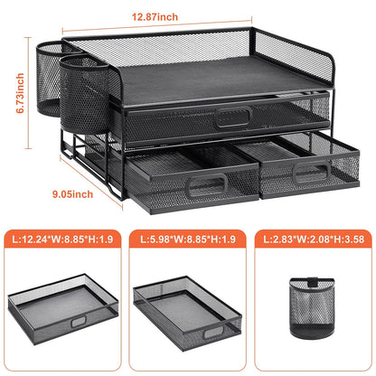 Marbrasse 3 Tier Mesh Desk Organizer with Drawer, Multi-Functional Desk Organizers and Accessories, Paper Letter Organizer with 2 Pen Holder for Home Office Supplies (Black)